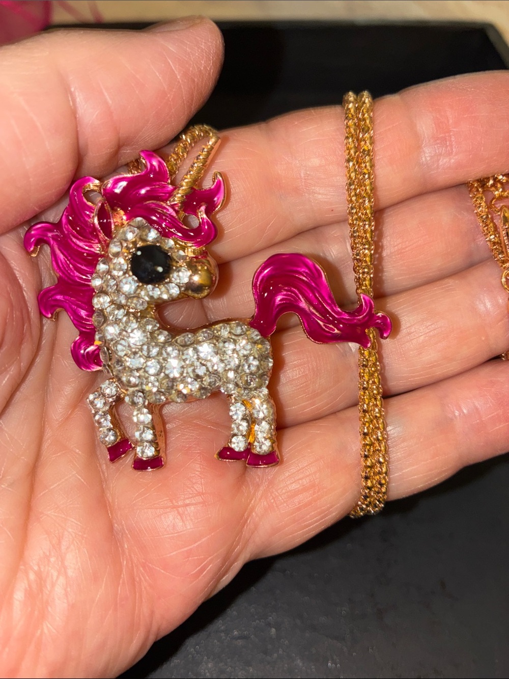 Rhinestone Pink Mane Unicorn Pendant Necklace